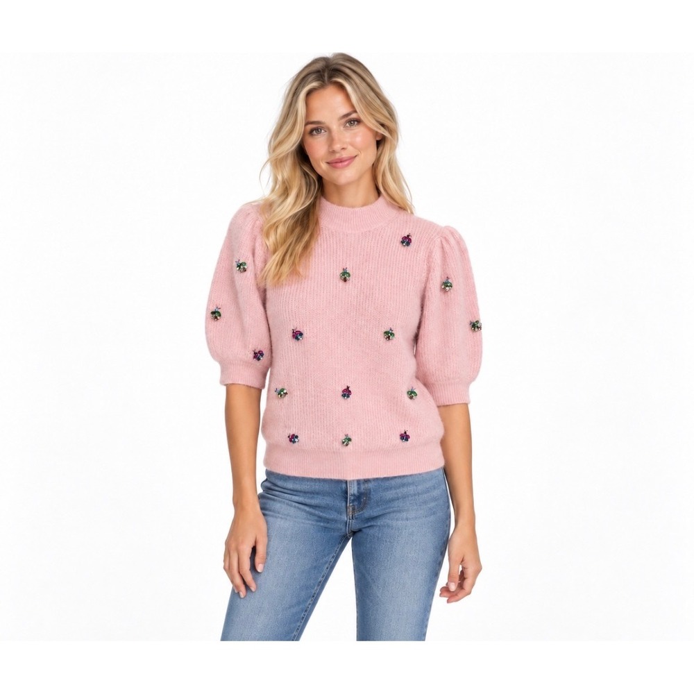 Boden Pink Embellished Beetle Jewel Puff Sleeve Alpaca Wool Sweater XS K0701